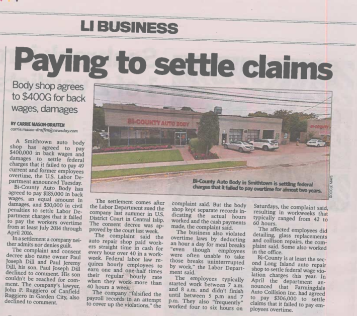 image-Newsday article on business liable for wage and hour violations